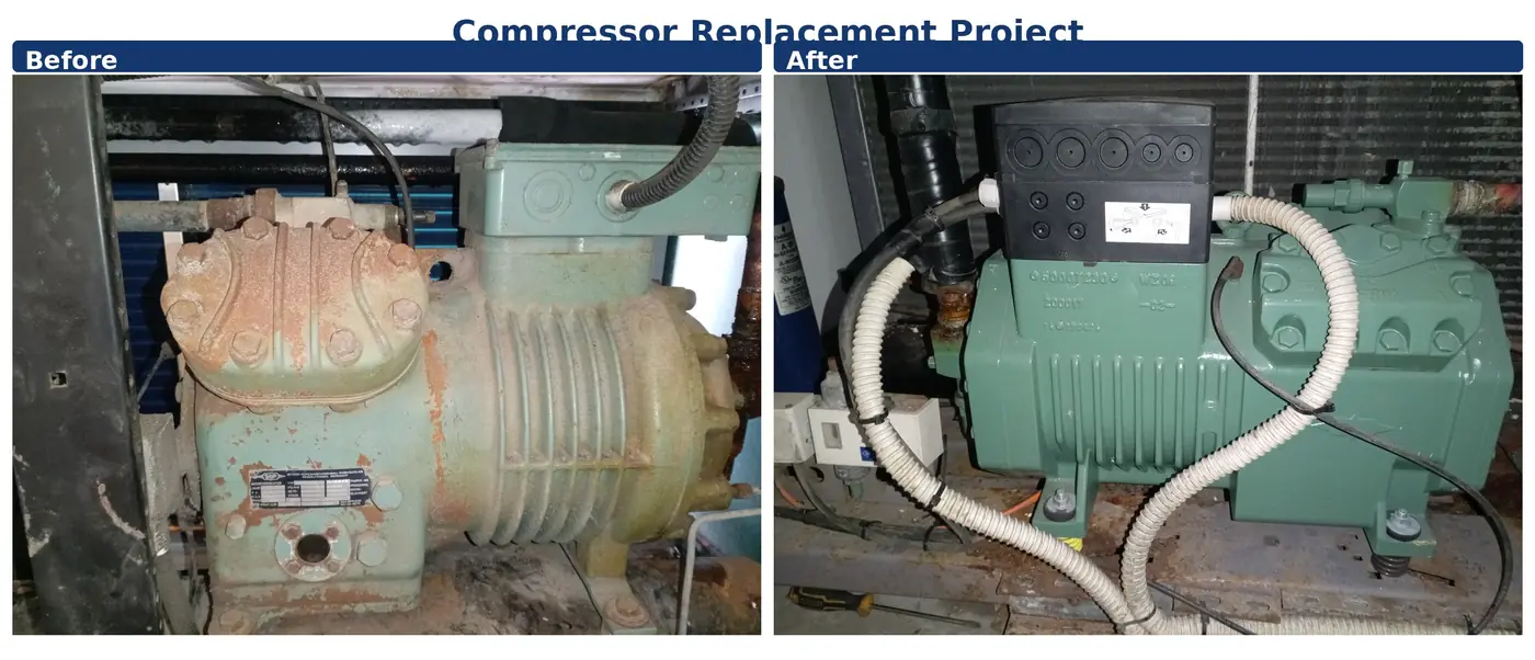 Before and after commercial refrigeration compressor replacement showing the old compressor and the upgraded Bitzer compressor installed by Glotech Group.