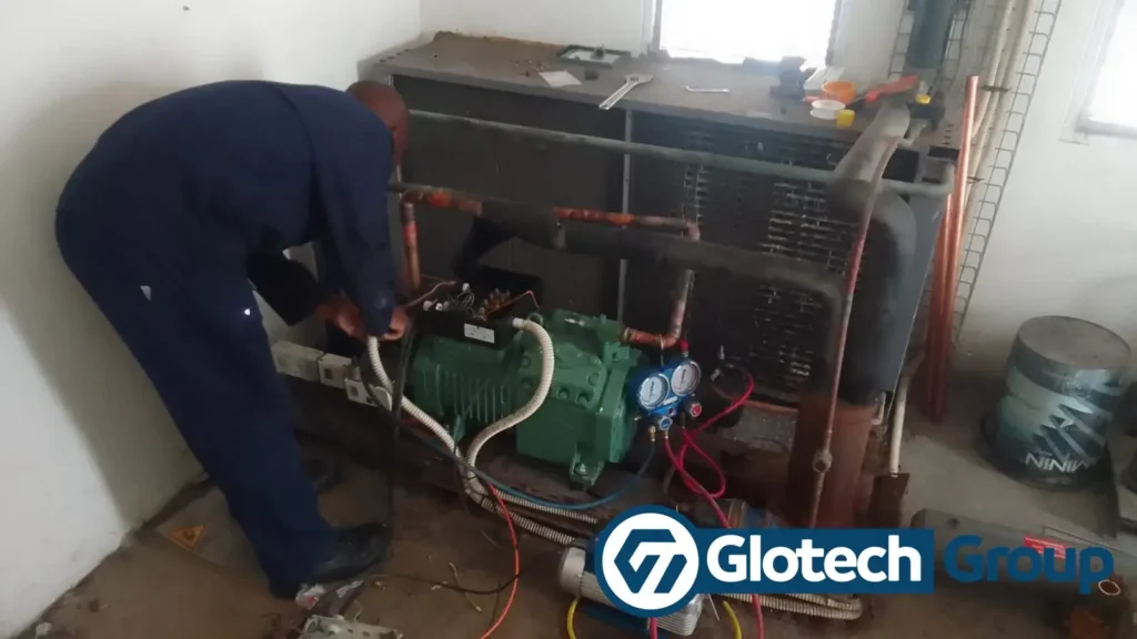 Industrial blast freezer compressor installation by Glotech Group in Hermanus