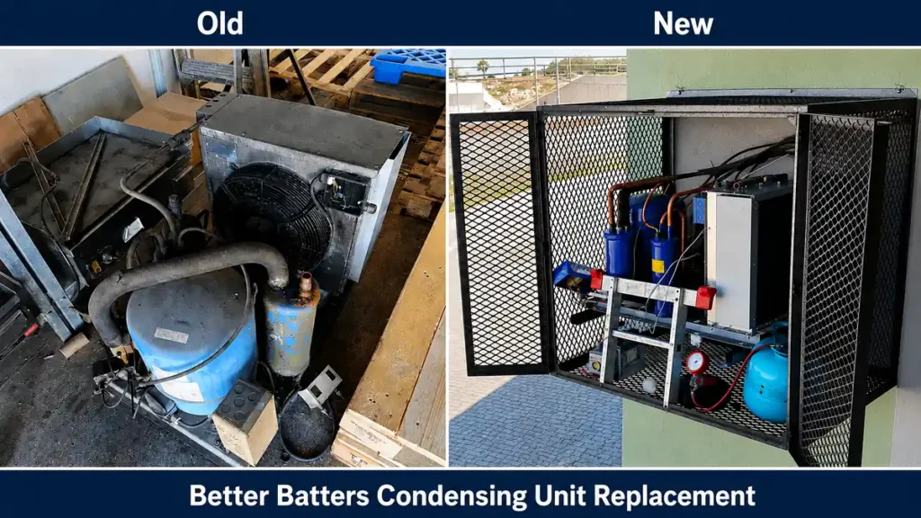 Old and new condensing unit replacement for Better Batters commercial refrigeration system