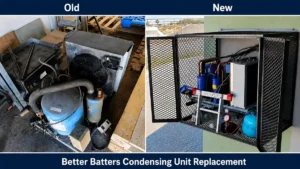 Old and new condensing unit replacement for Better Batters commercial refrigeration system