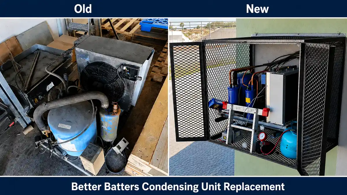 Old and new condensing unit replacement for Better Batters commercial refrigeration system
