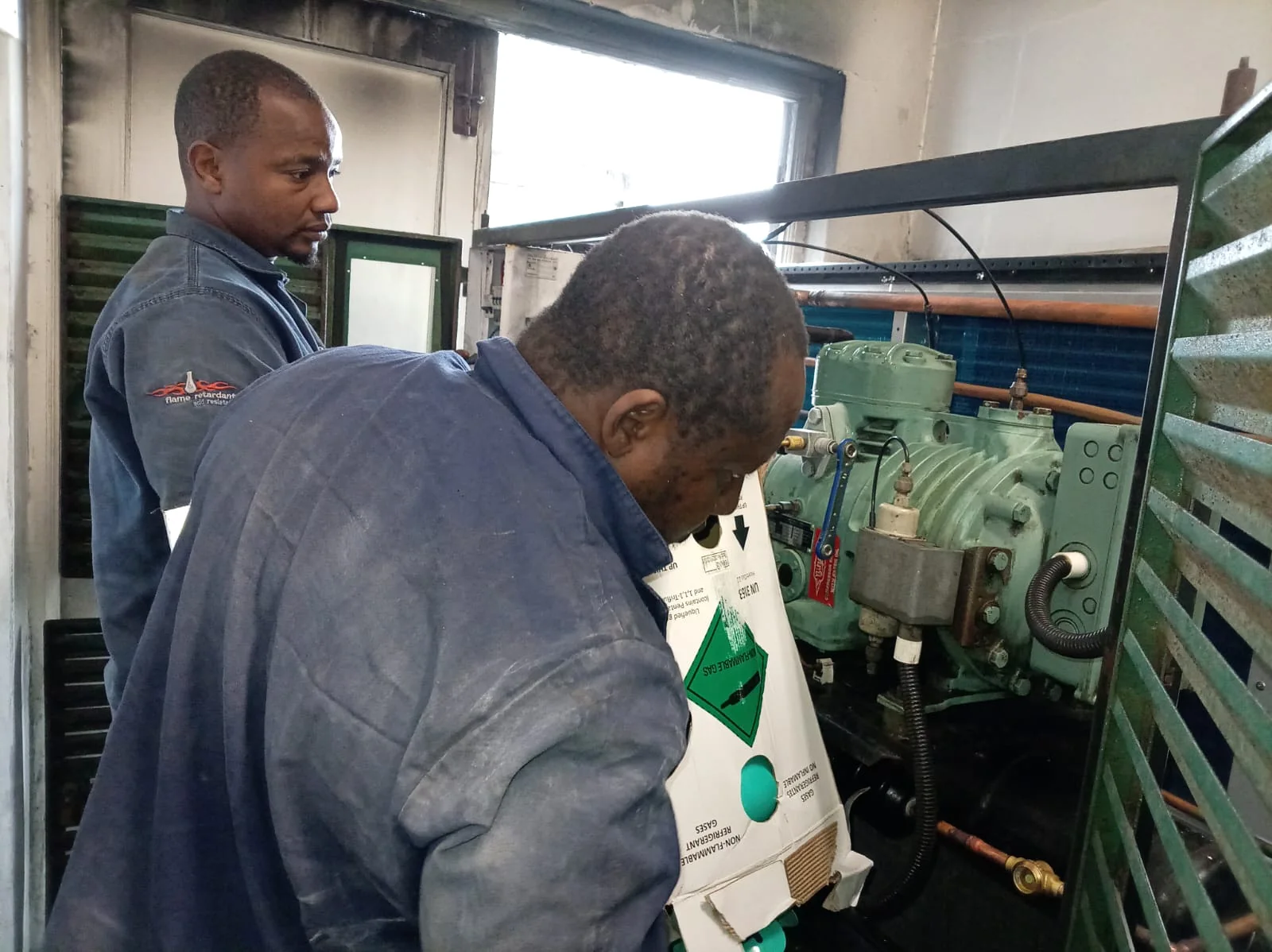 Combined Abalone Hermanus condenser replacement in progress with technicians onsite