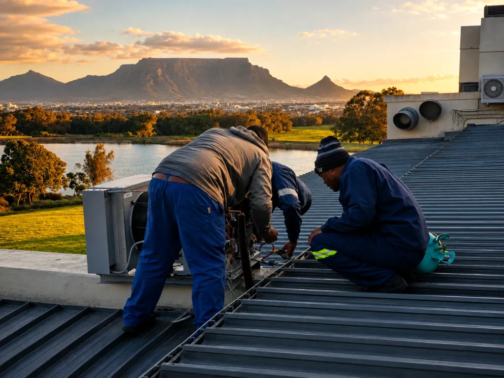 Commercial refrigeration technicians installing a rooftop condensing unit in Cape Town