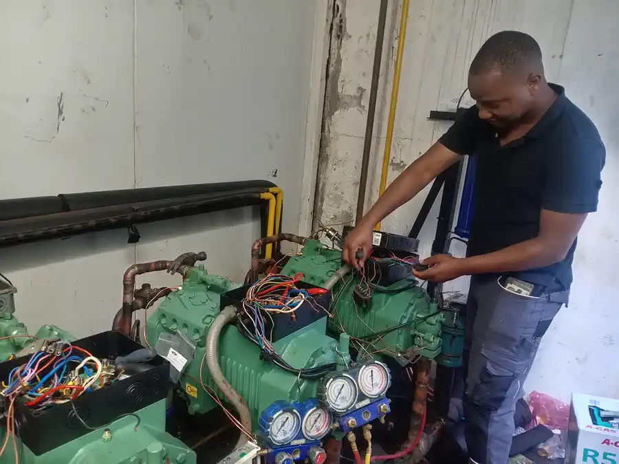 Technician wiring a Bitzer compressor during a Multiflex refrigeration upgrade