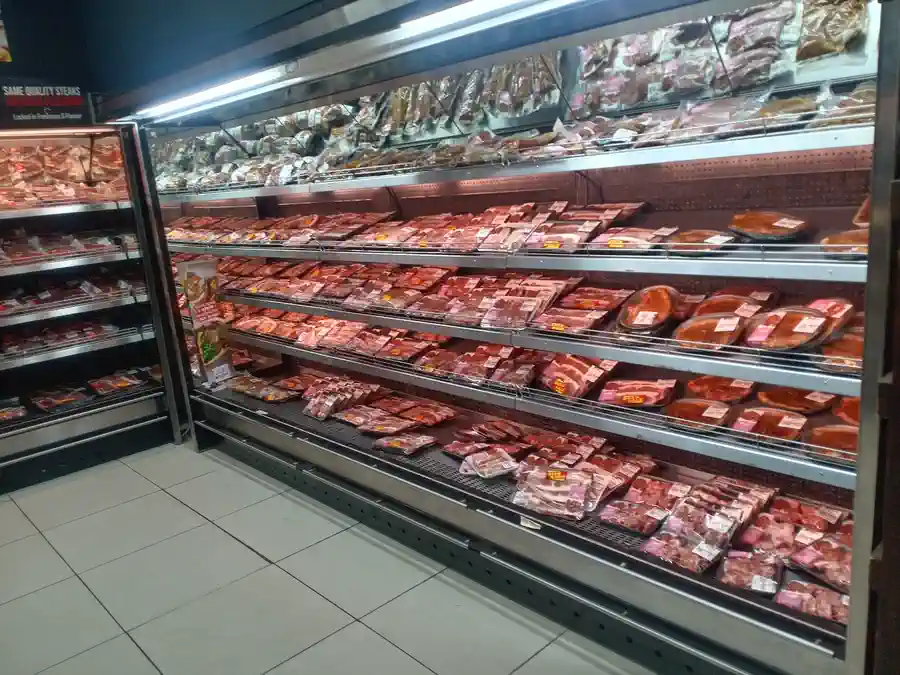 Refrigerated meat display cabinets at Spar Wellington